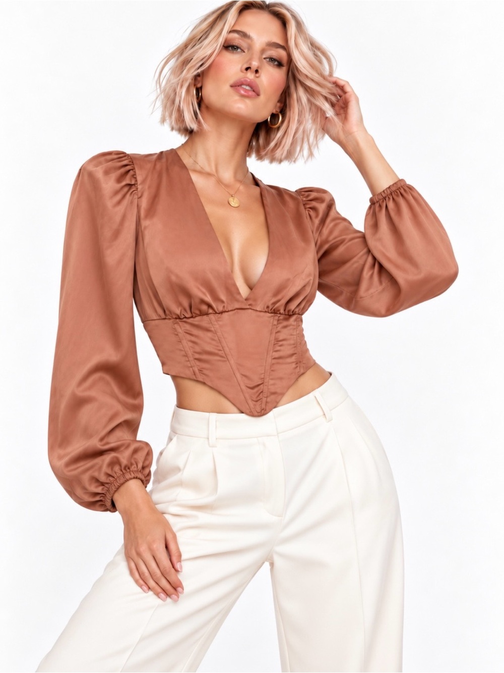 Lush Satin Corset Long Sleeve Crop Top Tan Bronze Small S V-Neck Puff Sleeve